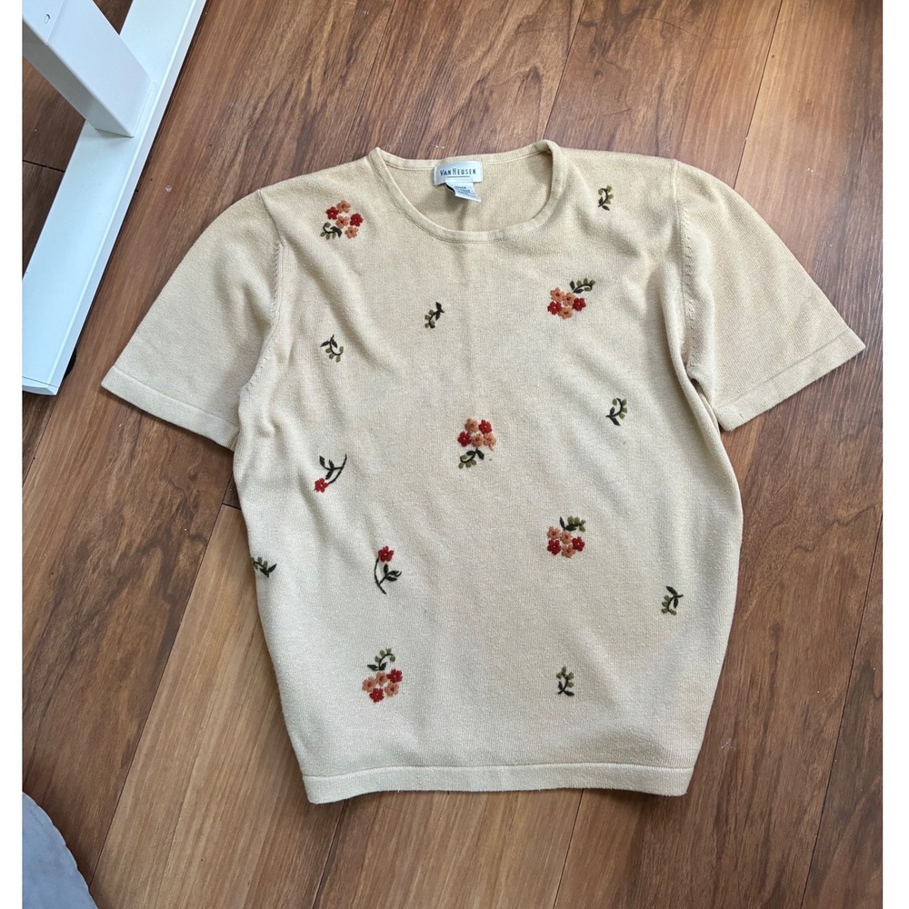 Van Heusen Vintage Beige Floral Embroidered Cottagecore Knit Sweater S